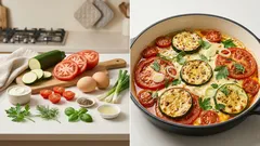 Cuketová pánev s rajčaty a vejci ve smetanové omáčce – hotovo v jedné pánvi