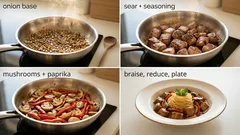 Vepřové s žampiony a paprikou na šťávě: měkké maso a omáčka k těstovinám