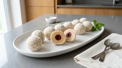 Banánové nepečené kuličky v kokosu: hotové za chvíli, uvnitř s třešní