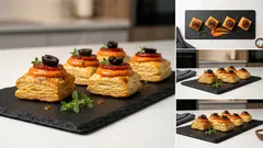 Křupavé jednohubky z listového těsta s paprikovou pomazánkou a chorizem