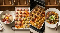 Večeře z jednoho plechu: masové kuličky s novými bramborami, paprikou a cibulí